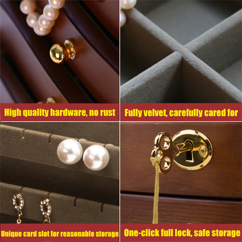 Wooden Jewelry Box Large Lockable Bracelet Earrings Necklace Ring Display Stand Women Accessories Jewelry Storage Box 2024