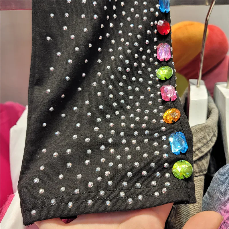 European Station Autumn Winter New Heavy Hot Drilling Side Color Rhinestone Leggings Fashion Slim Streetwear Leggings for Women