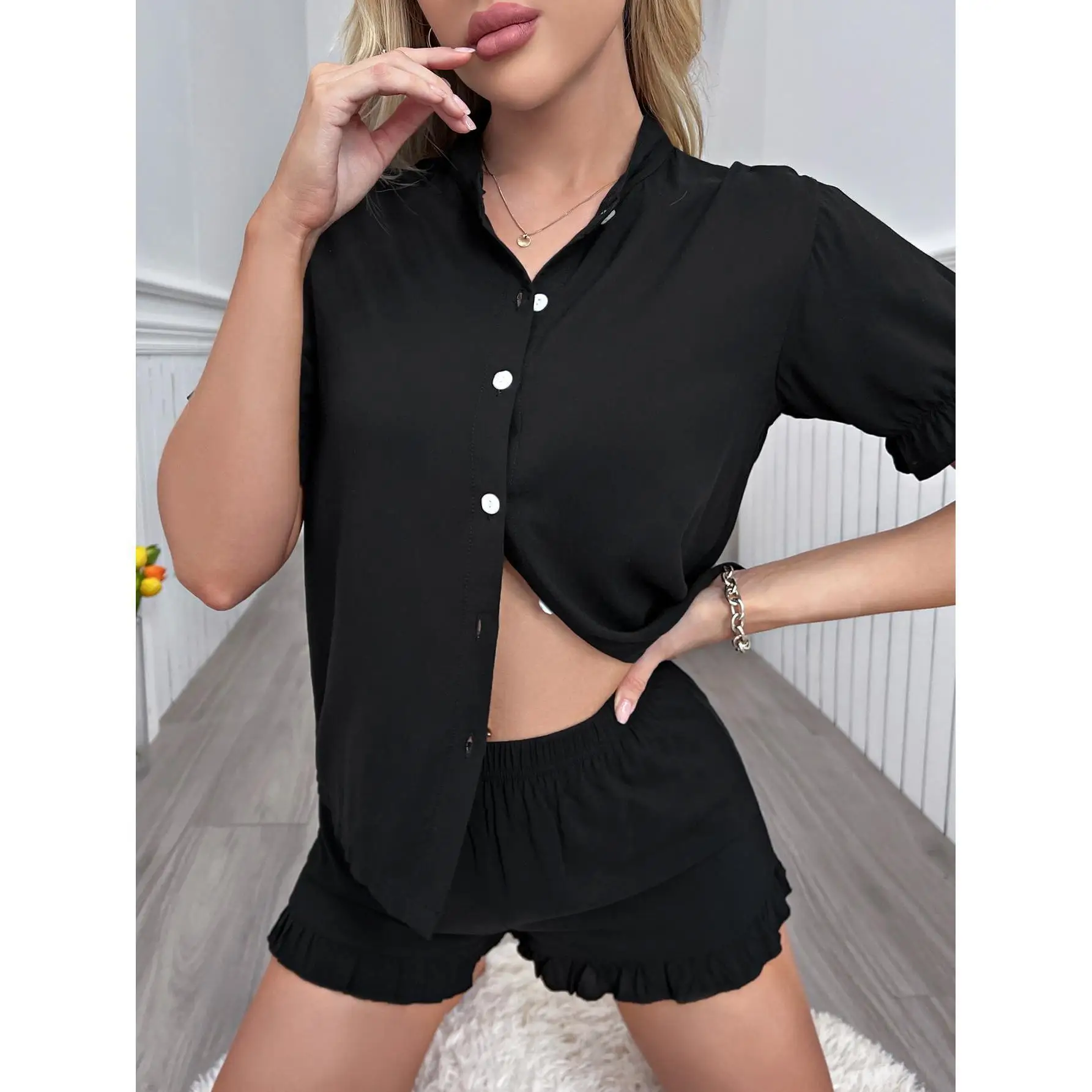 Purple Ruffled Crop Pajama Sets Cropped Women Mujer Conjuntos Pijamas Conjunto Pyjama Pijama Femme Ensembles Feminino Sleepwear