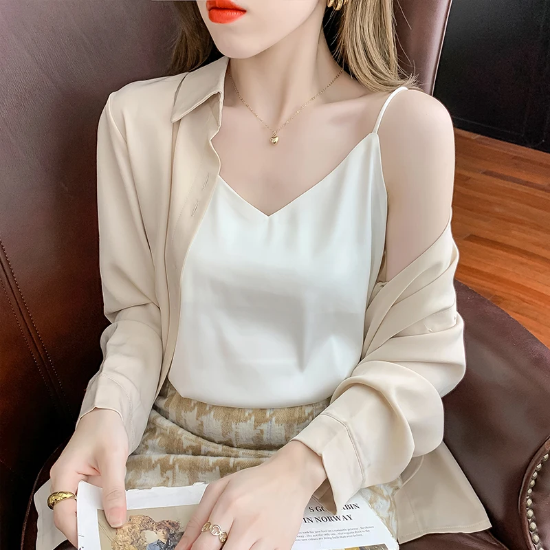 cami top Dây Đeo Đầu Nữ Cột Dây Cổ V Màu Trắng Cơ Bản Cami Áo Lụa Satin Xe Tăng Cao Cấp Nữ Mùa Hè Yếm OL Thời Trang phụ Nữ Quần Áo camisole Tanks & Camis