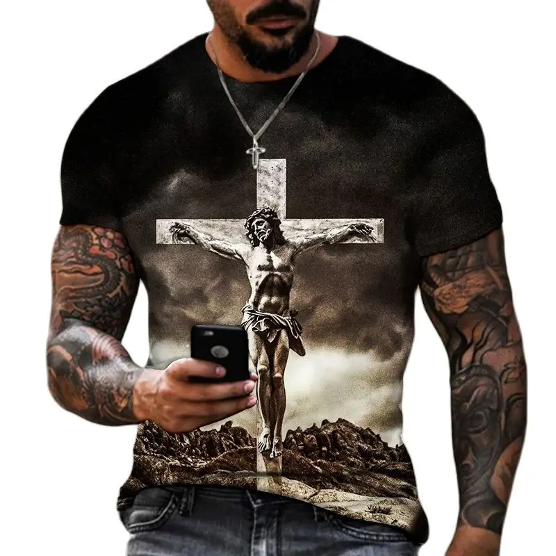 

Men's Cup Summer Cup Old Set Short Arm Street Long Hip Hop Image 3D Jesus Religious Cross T-shirt