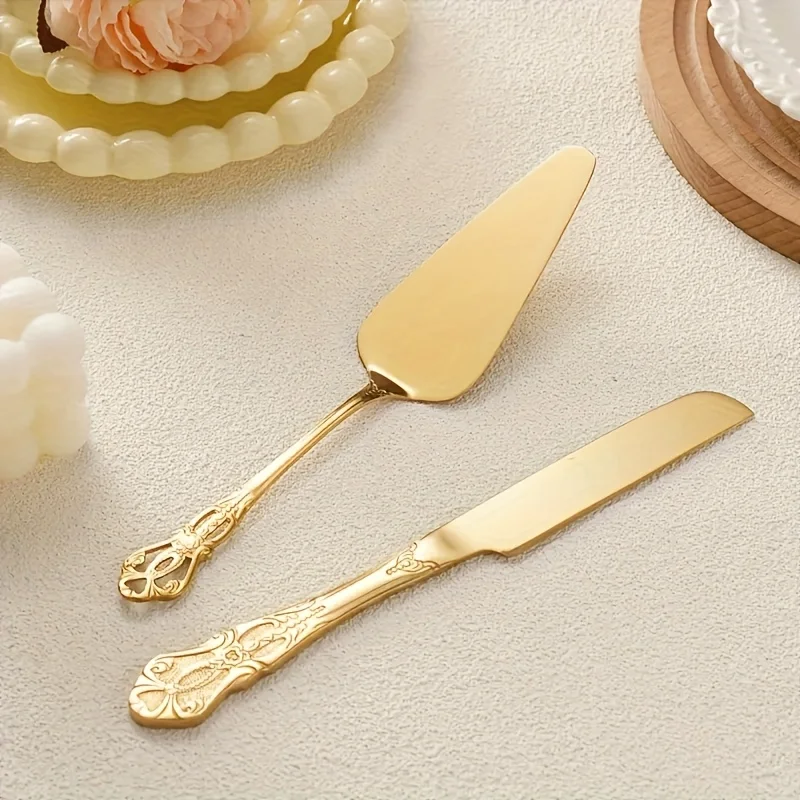 2pcs Vintage Palace Stainless Steel Bread Knife and Cake Spatula Set, Carved Hollow Design Elegant Cake Server for Parties