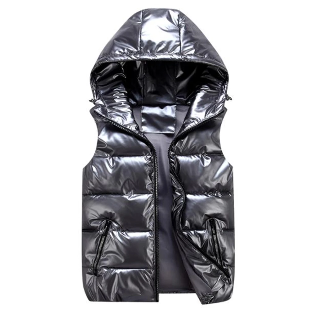 

Men Winter Vests Hooded New Short Bright Color Wasitcoat Cotton Padded Jackets Sleeveless Male Winter Waistcoat Gilet Waterproof