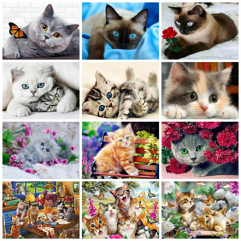 Huacan Diamond Mosaic Animal Diamond Painting Cats Embroidery Cross Stitch Flowers Picture Of Rhinestones Handcraft diamond painting