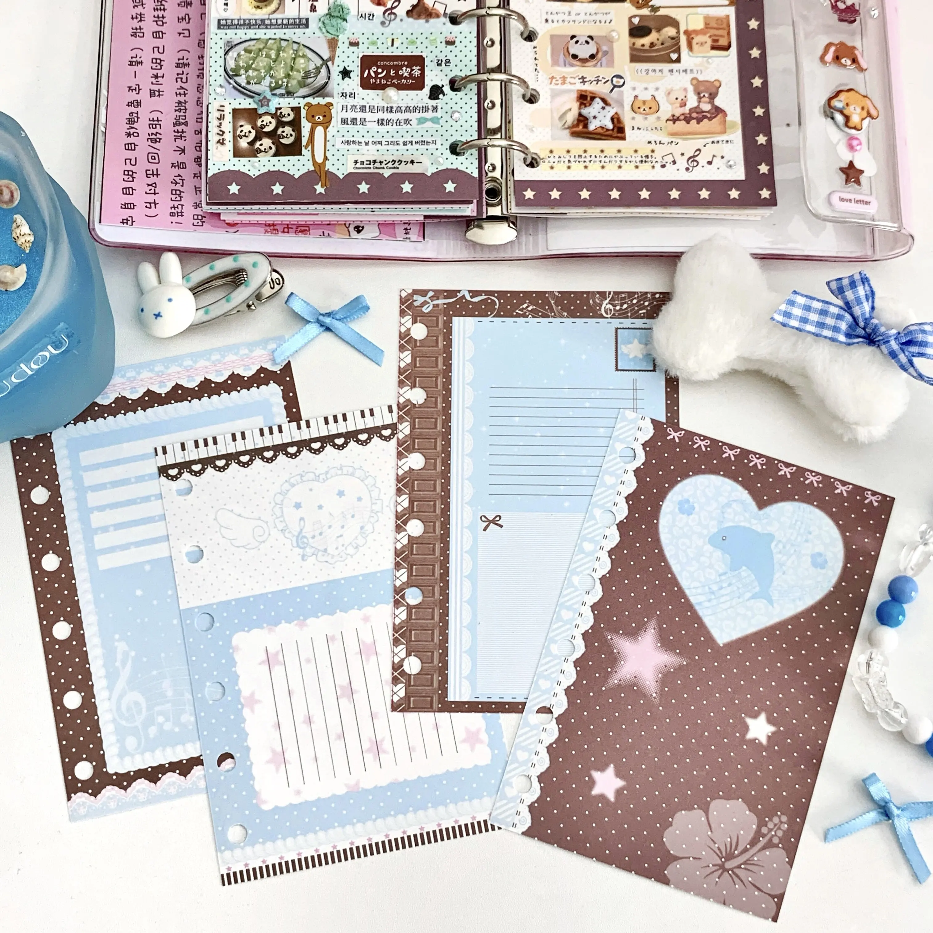 귀여운 6공 바인더 리필 용지 40매 A7 루즈리프 플래너 속지 블루 브라운 돌핀 날개 음표 저널 페이지