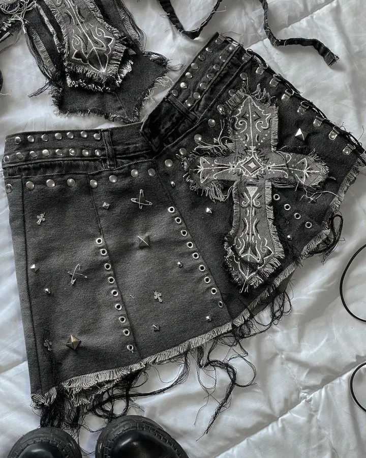 Women Y2K Streetwear Skirt Sets Gothic Retro Dark Cross Graphic Patch Denim Mini Skirt Halter Tops Harajuku Slim Fit women skirt sets