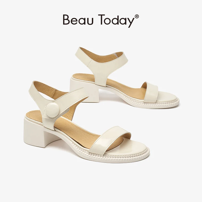 

BeauToday Elegant Sandals Women Split Leather Slingback Round Toe Hook and Loop Summer Ladies Mid Heel Pumps Handmade 31224