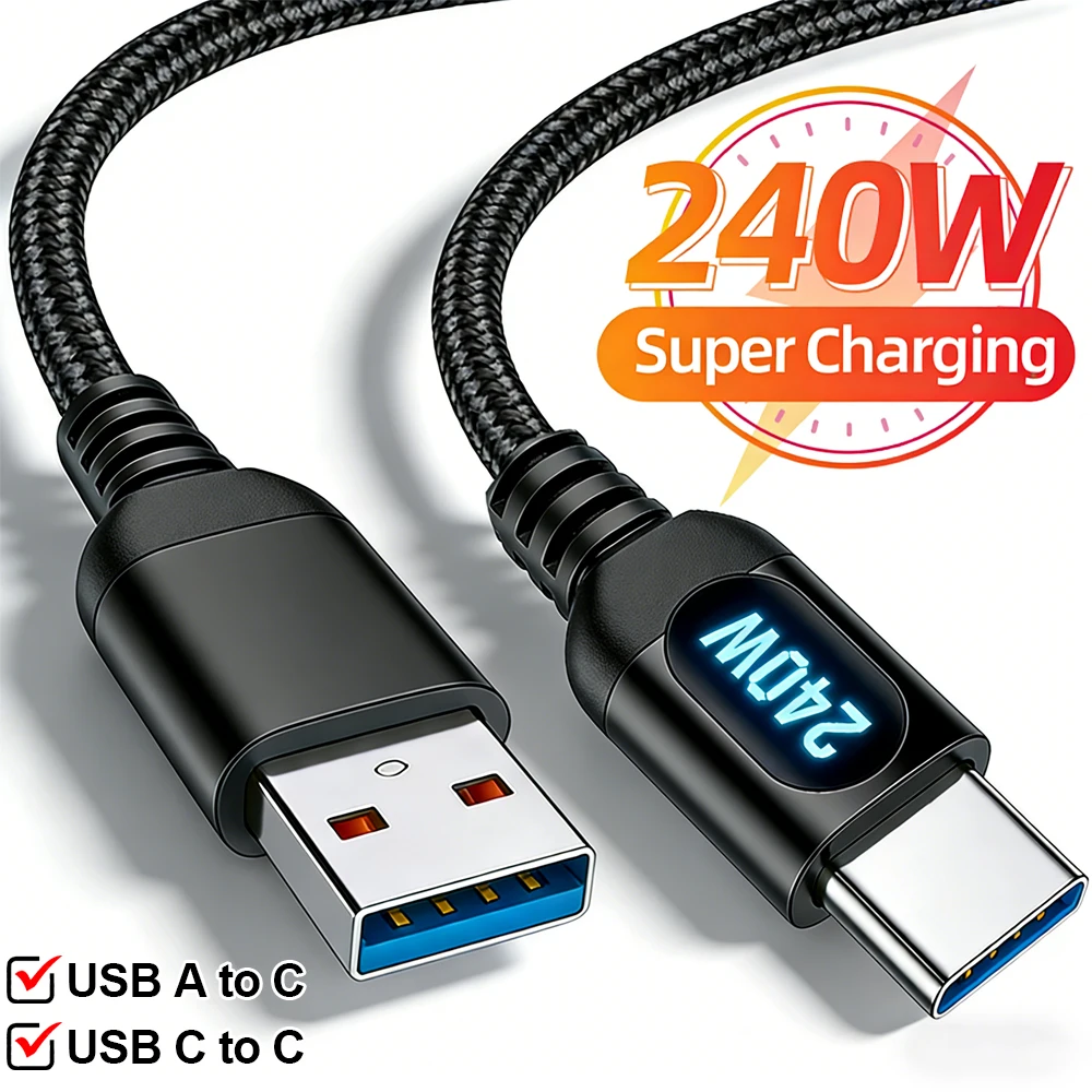 USB Type-C Cable 240W LED Display Fast Charge Nylon Braided Cord