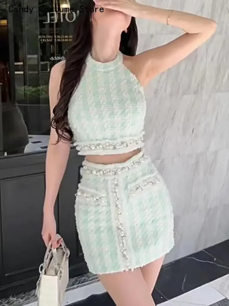 Tweed Two Piece Set High Quality French Luxury Beading Small Fragrant Women Sexy Crop Top   Skirt Suit Summer Plaid 2 Piece Sets