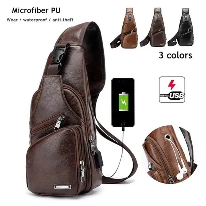 Men's USB Chest Bag Portable Large Capacity Charging Casual Crossbody Bag Outdoor Sports Vintage PU Leather Chest Bag