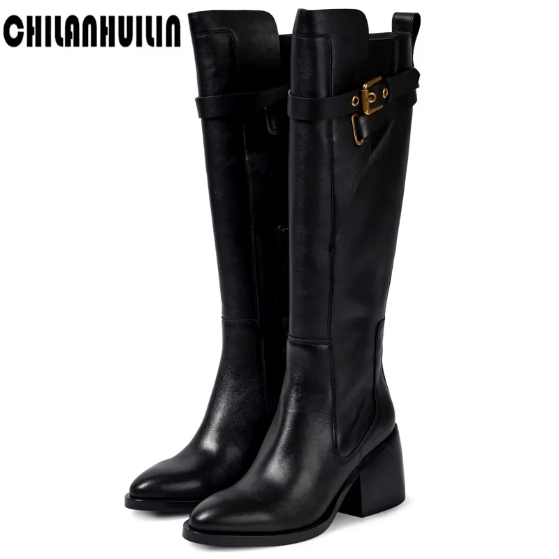 

brand cowhide leather+pu knee high boots for women sexy lady punk buckle riding boots high heels all matched winter boots woman