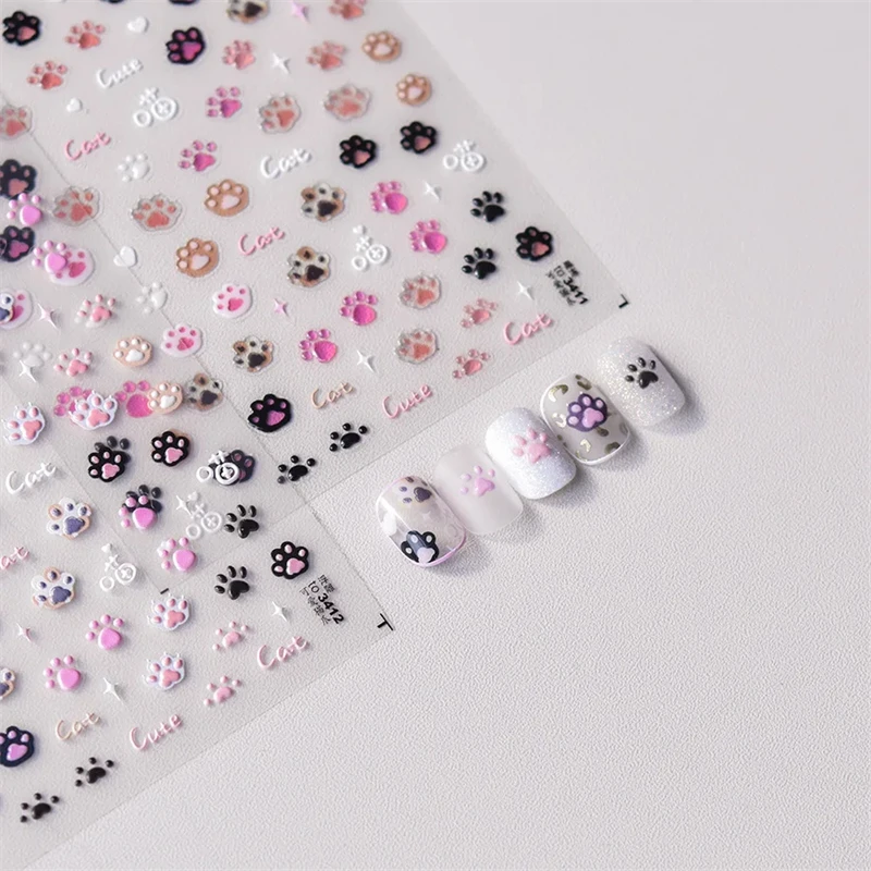 Süße Gelee rosa Katze Pfotenabdruck schöne Kitty Welpe Hund Cartoon 5D geprägte Relief selbstklebende Nail Art Aufkleber 3D Maniküre Aufkleber – Detail 3