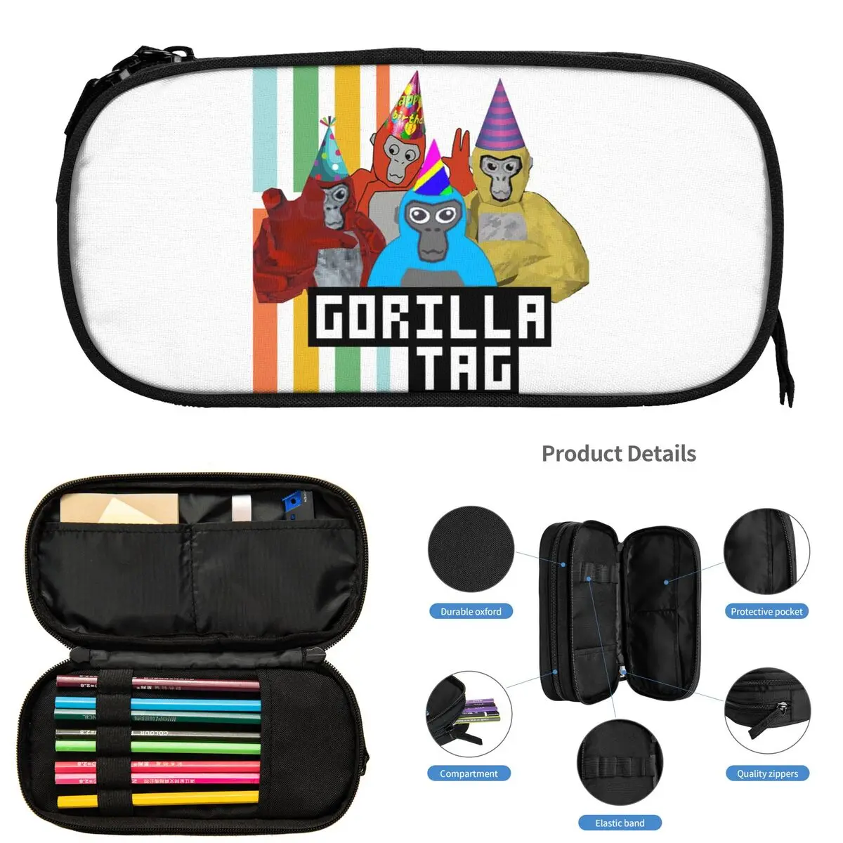고릴라 태그 Vr 게이머 원숭이 모자이크 연필 케이스 학생 선물용 펜 박스 연필 가방 대용량 연필 파우치