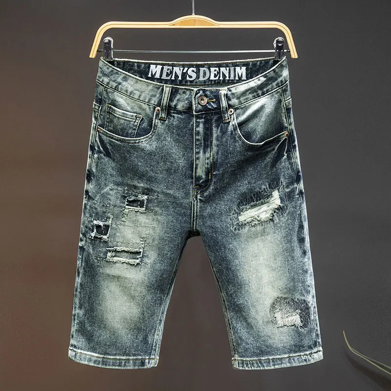High-End Denim Shorts Men's Summer Fashion Holes Street Retro Motorcycle Fashion Brand Stretch Slim Fit Handsome Casual Shorts