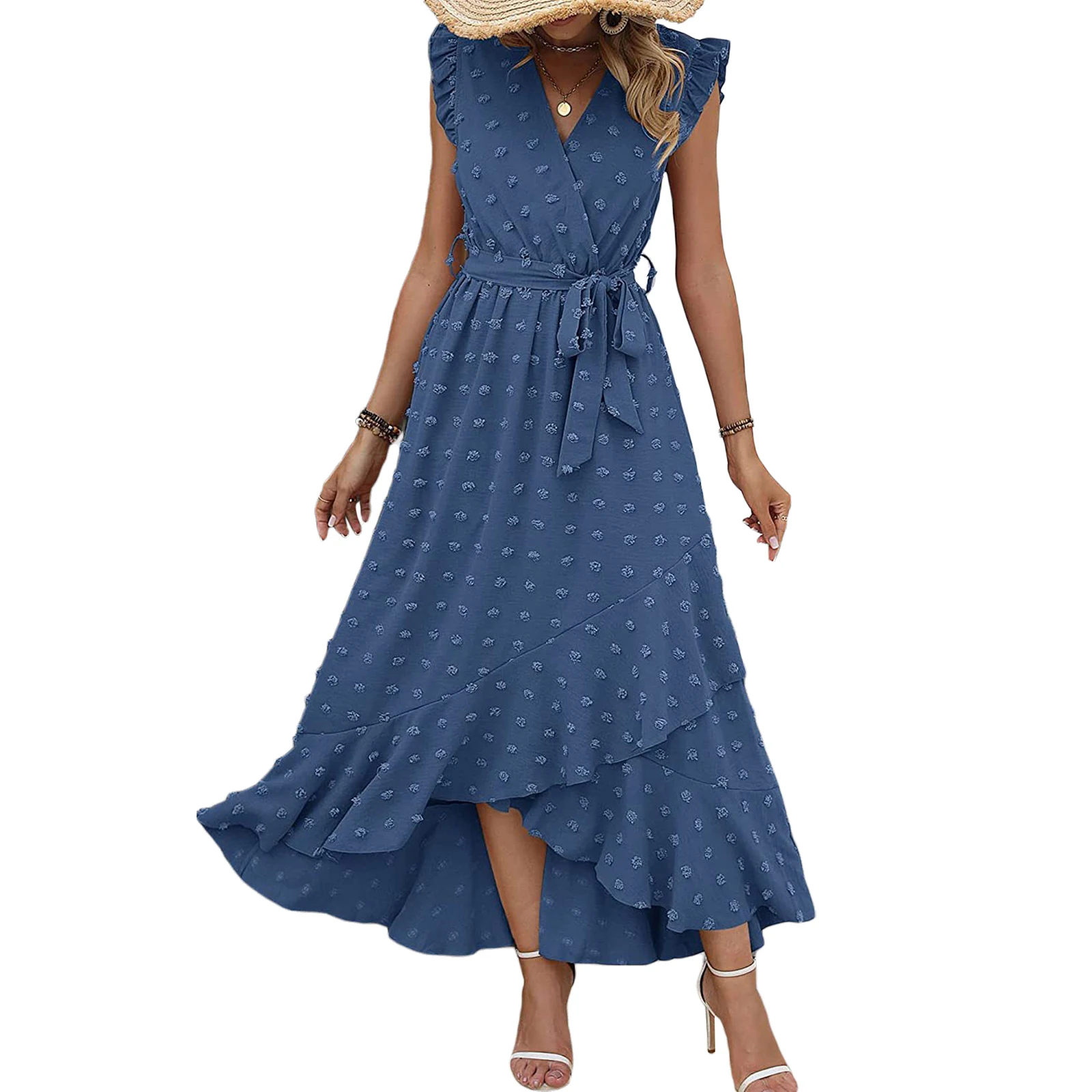 

Women Summer Bohemian Holiday Flowy Long Dress Swiss Dot V-Neck Fly Sleeve Ruffles Irregular Fashion Party Beach Dress with Belt