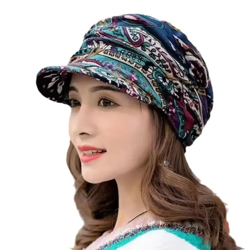 Women Lightweight Ruched Sun Hats Stylish Vintage Flower Print Newsboy Hat with Peaked Cap