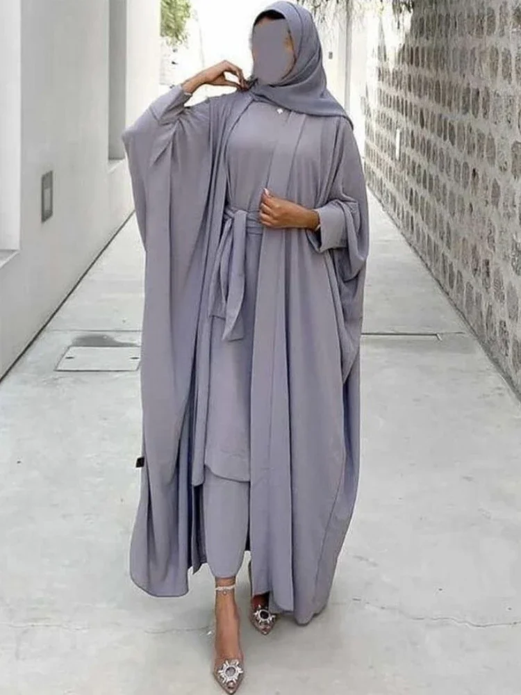 

Eid 2 Piece Abaya Set Matching Muslim Sets Kimono Abayas for Women Dubai Turkey Short Sleeve Inner Dresses African Islam Outfit