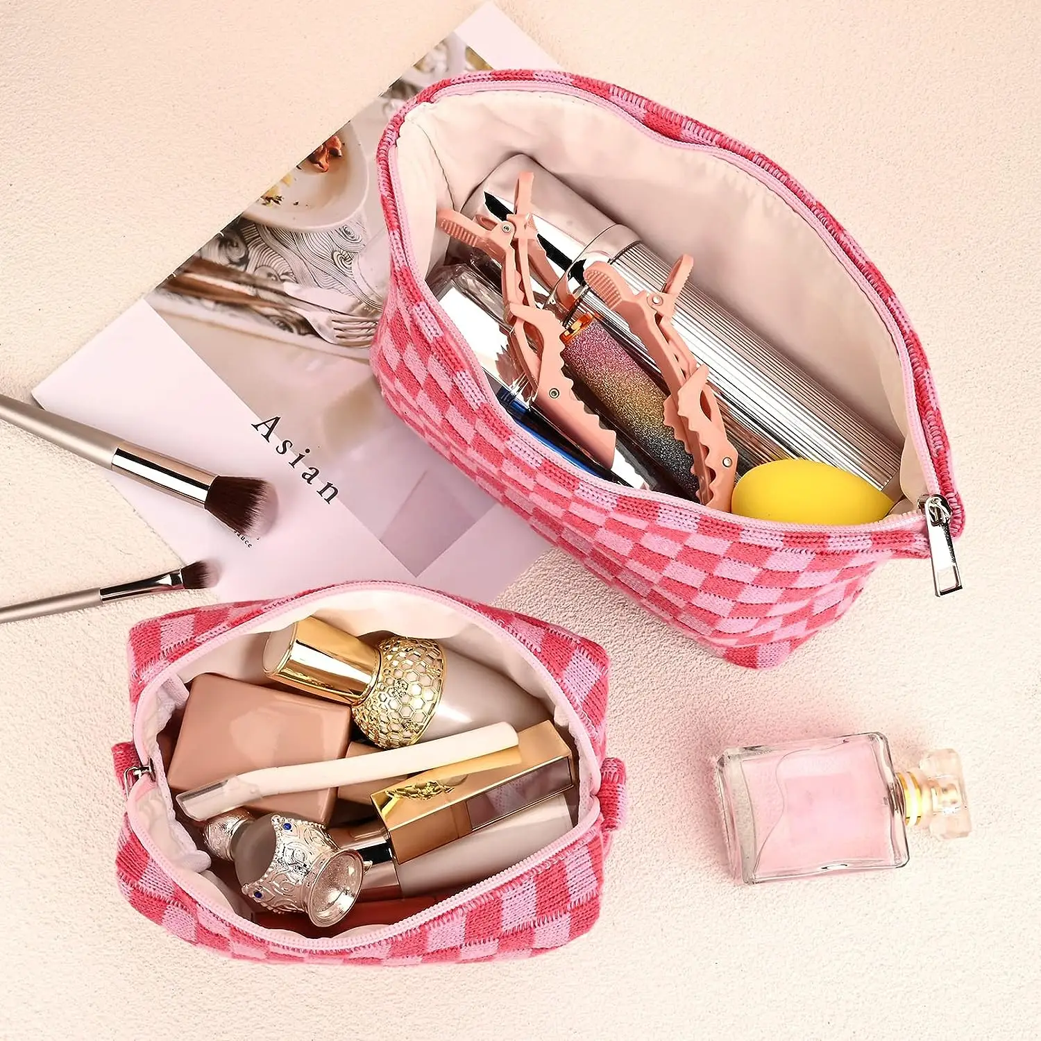 2Pcs Small Makeup Bag for Purse Checkered Cosmetic Bag Cute Makeup