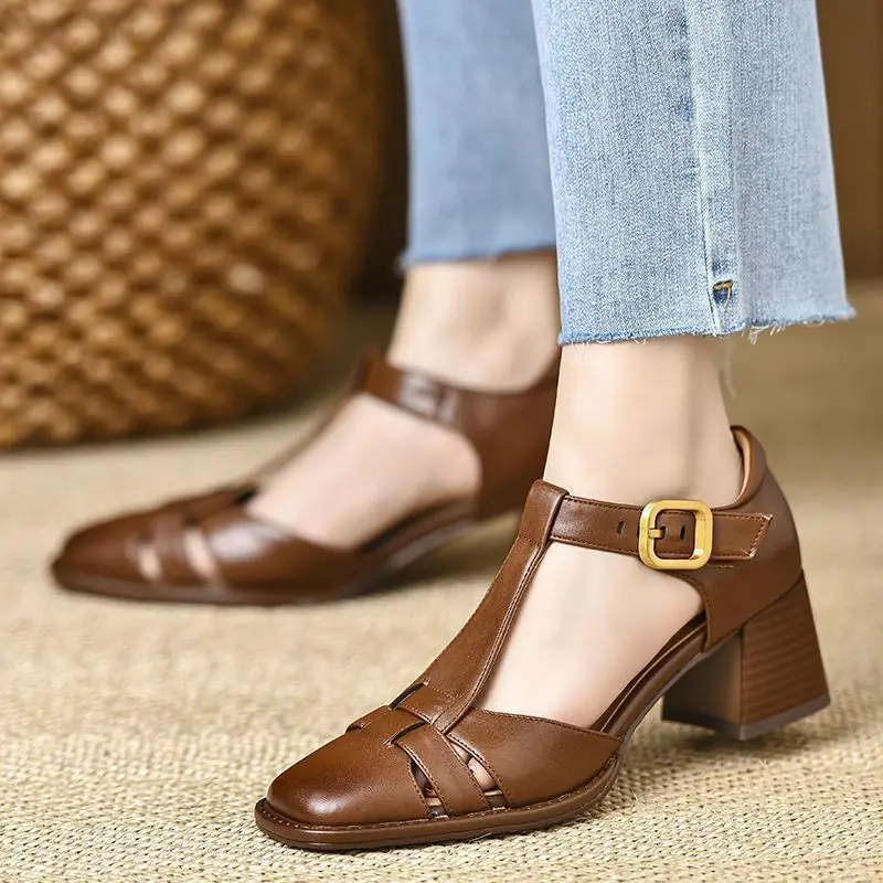 2025 neue Mode Klassiker Echtes Leder Sandalen Frau Dicke High Heels Sandalen Büro Damen Kleid Sommer Schuhe Heels Frauen – Detail 3