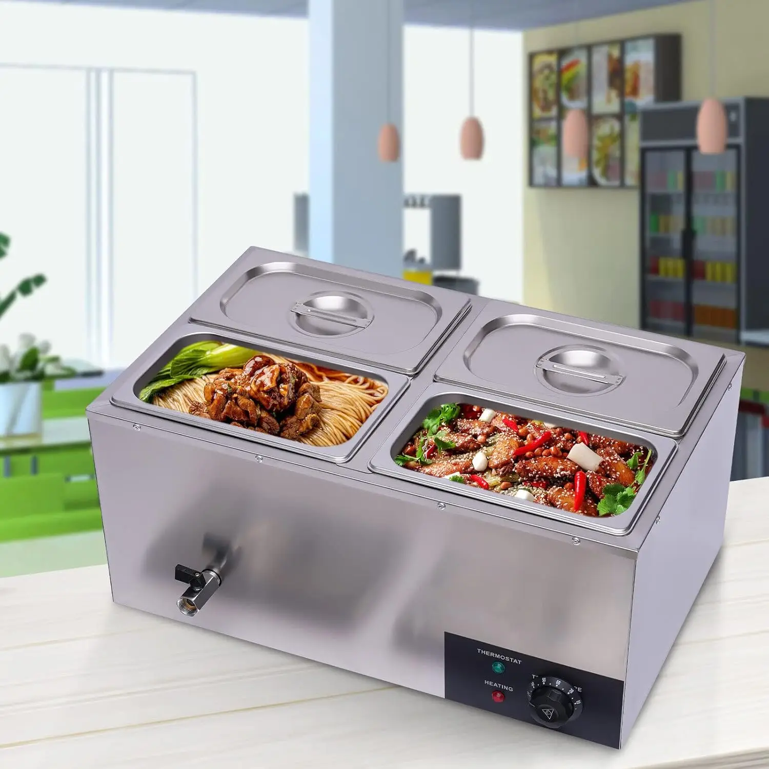 Marie Steam Table, Commercial Countertop Steam Table Food Warmer 600W 16.9Qt Stainless Steel Electric Food Soup Warmer with Lid