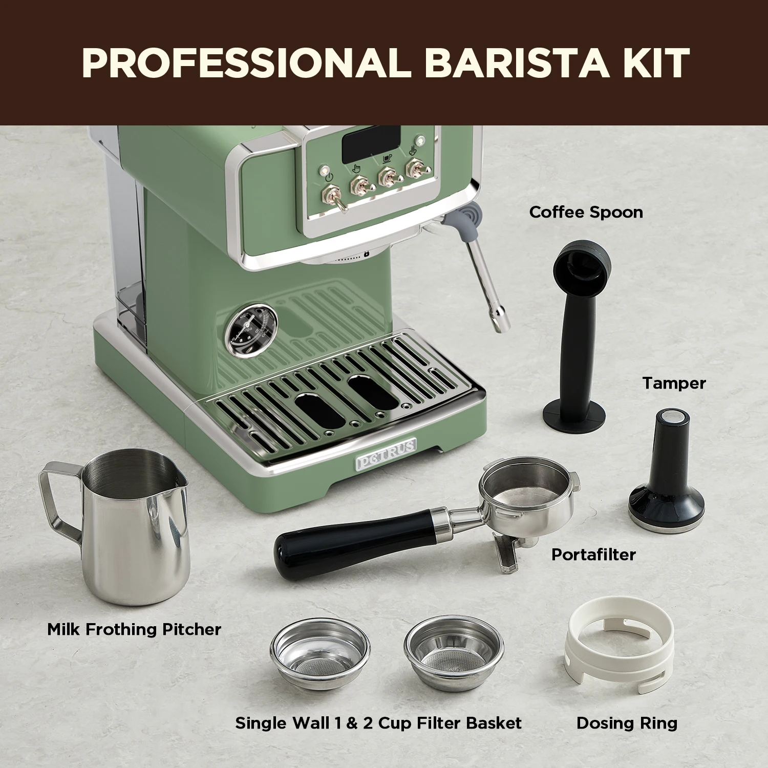 Petrus Espresso Coffee Machine 58mm/15 Bar Espresso Maker with Milk Frother Steam Wand Cappuccino, Latte(220V)