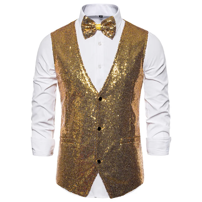 Men's Stage Sequined Suit Vest Host Singer MC Cosplay Party Shiny Performance Suit Vest