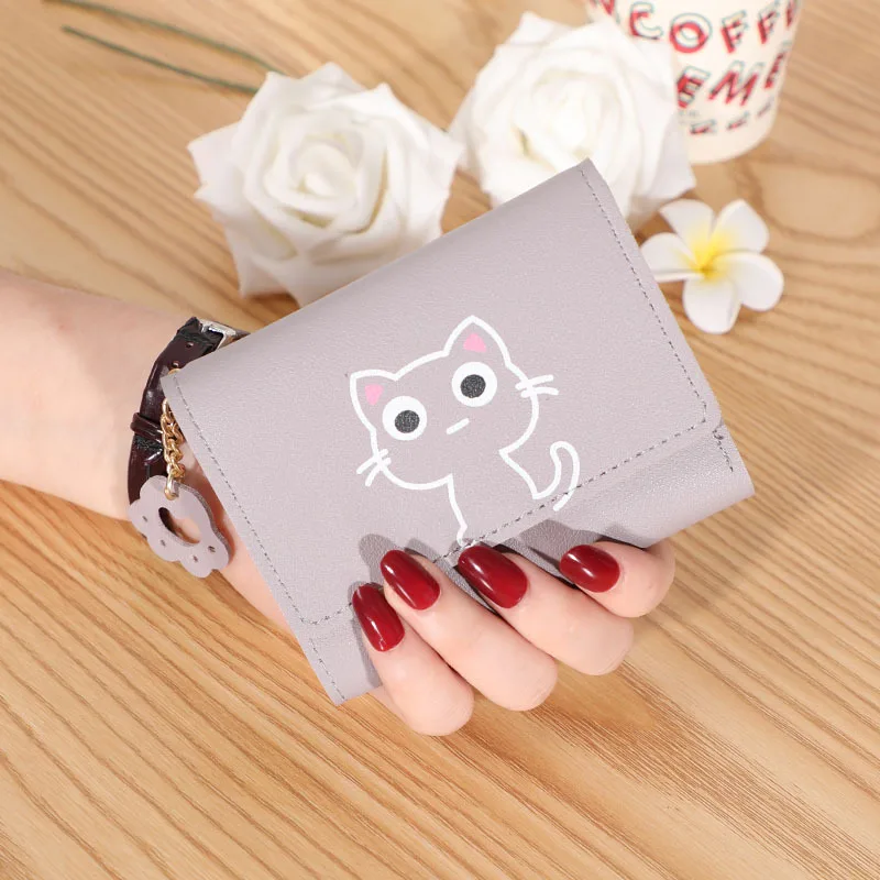 Women Wallet 1PC Cartoon Cat Print Women's Short Coin Wallet PU Three Fold Card Bag Portable Multi Card Slot Travel Wallet for Birthday Gifts