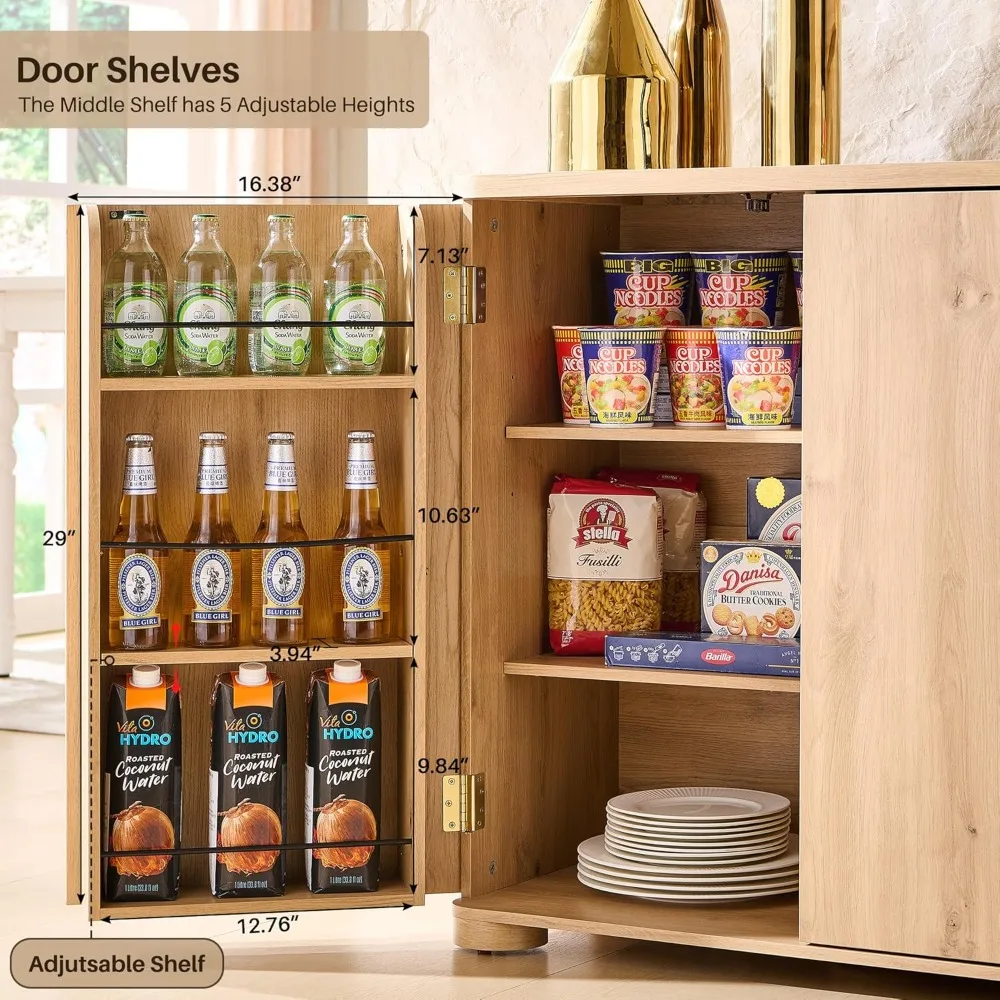 Curved Buffet Cabinet with Doors, 66" Large Sideboard Buffet Storage Cabinet with 4 Doors and Shleves 6