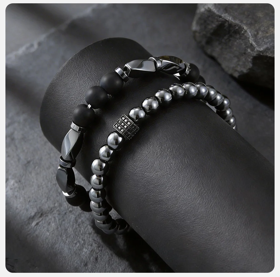 Vnox 2-teiliges Set Mattschwarzes Onyx-Hämatit Perlenarmband Set Naturstein Stretch-Armbänder Modeschmuck Geschenke für Männer Frauen – Detail 6