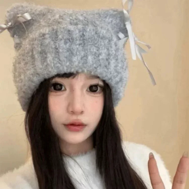 Women Sweet Bow Ribbon Cat Ears Knitted Hats Korean Warm Autumn and Winter New Cute Versatile Outdoor Beanies Fashion Thickened 4