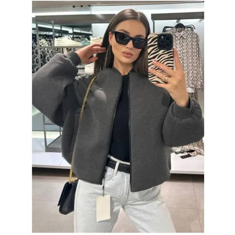 

Loose Grey wool blends short coat women solid long sleeve oversize zipper bomber jacket 2024 autumn casual warm cropped outwear