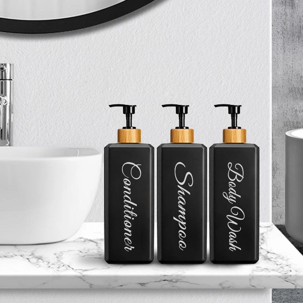 500ml Bathroom Dispensers Square Shampoo Shower Gel Body Wash Dispensers Refillable Bamboo Pump Bottles Lotion Containers - Image 4