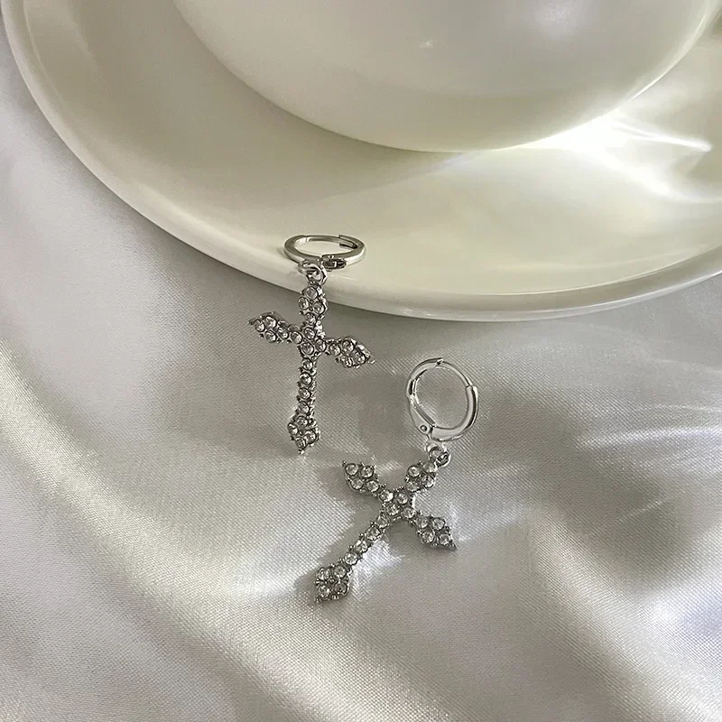Korean Zircon Crystal Cross Women Drop Earrings for Gothic Punk Hip Hop Party