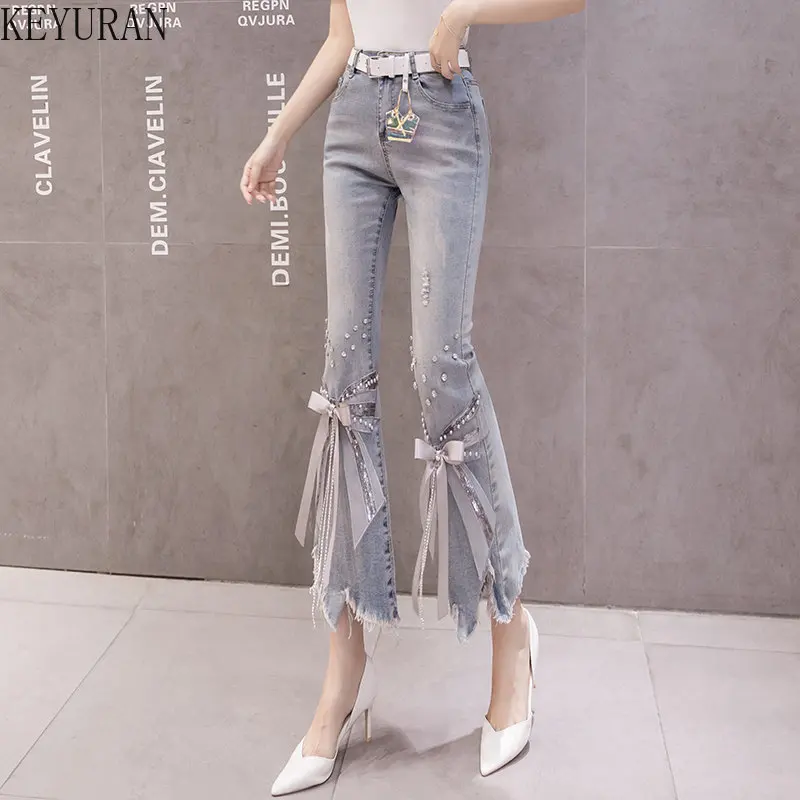 High Waist Jeans Women Ripped Cropped Jeans Women\'s 2023 Spring Summer New Irregular Beaded Bow Flared Denim Pants Ladies Jeans