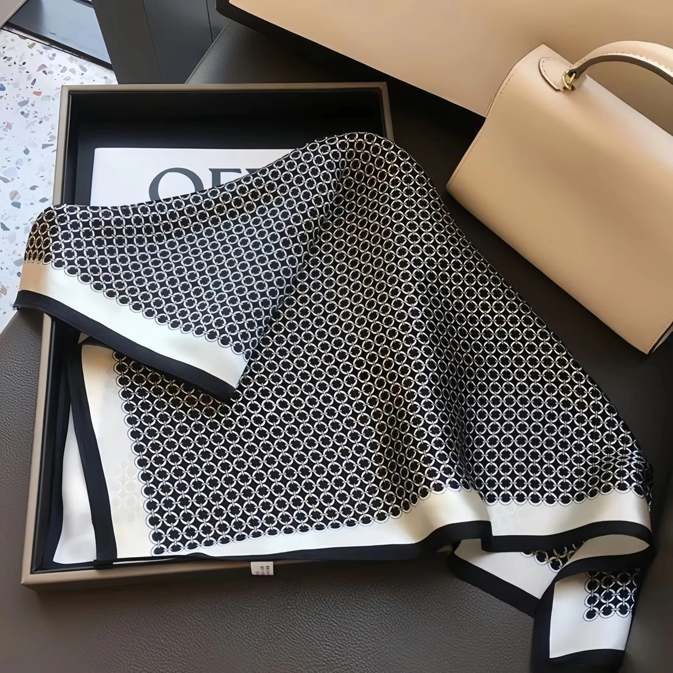 New Elegant Soft Satin Square Scarf For Women Stylish Round Ring Print Versatile Bandana Elegant Style Sunscreen Headscarf 5