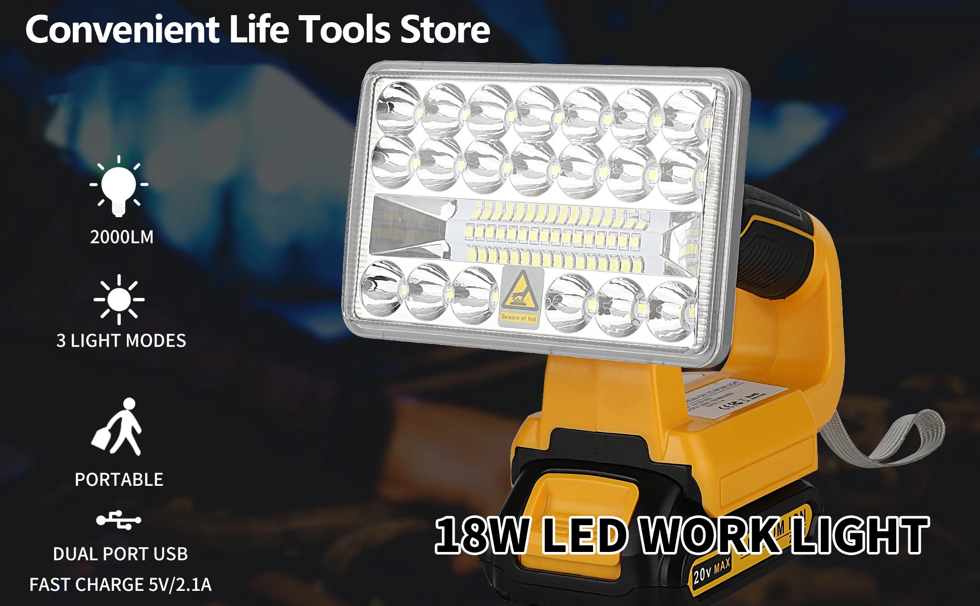 For Dewalt 20V Max LED Work Light 18W 2000LM Flashlight Spotlight Portable Outdo