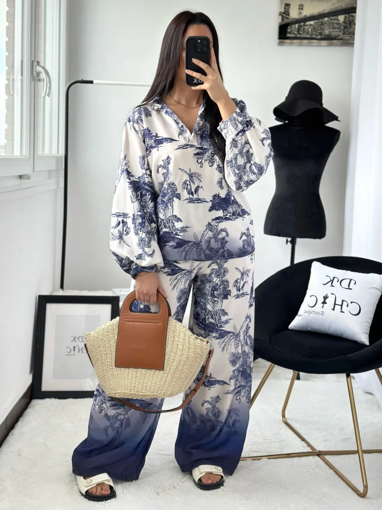 

Женский комплект из 2 предметов, элегантный атласный синий брючный костюм с принтом, рубашка с рукавами-фонариками и широкие брюки, Повседневная Уличная одежда свободного покроя, 2024