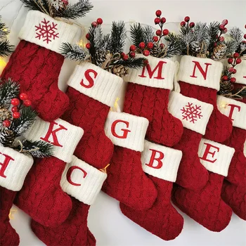 Cute Knitted Christmas Stockings Decor, Creative Letter Xmas Tree Hanging Ornaments, Soft Wool Holiday Socks for Home Decoration