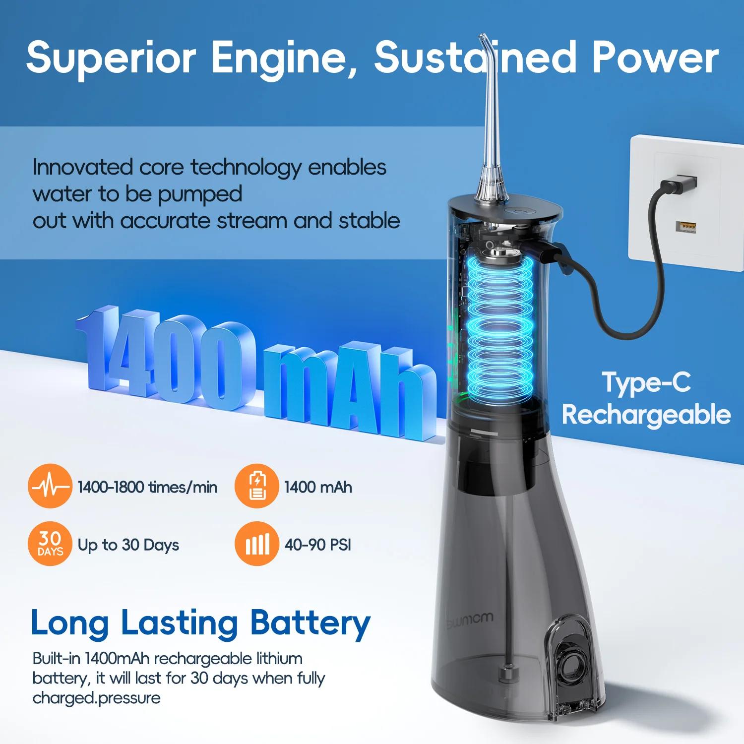 Oral Irrigator F29 Portable Dental Water Flosser USB Rechargeable 300ML Tank Waterproof