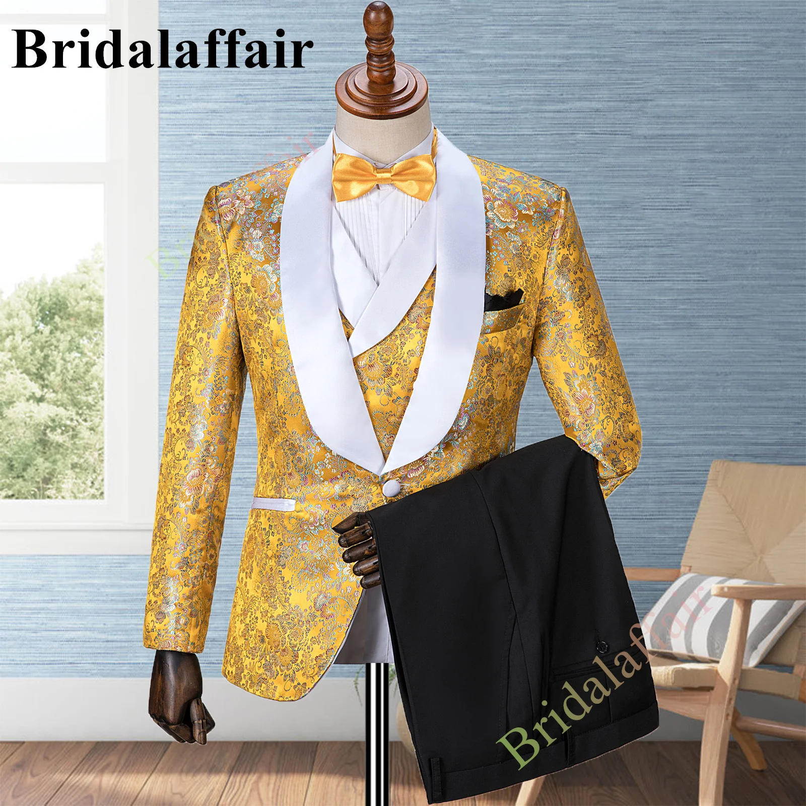 Bridalaffair Men's Gold Suits Jacquard Floral Printed Wedding Tuxedo Suit for Men 3pcs Blazer Jacket Vest Pant Set Costume Homme