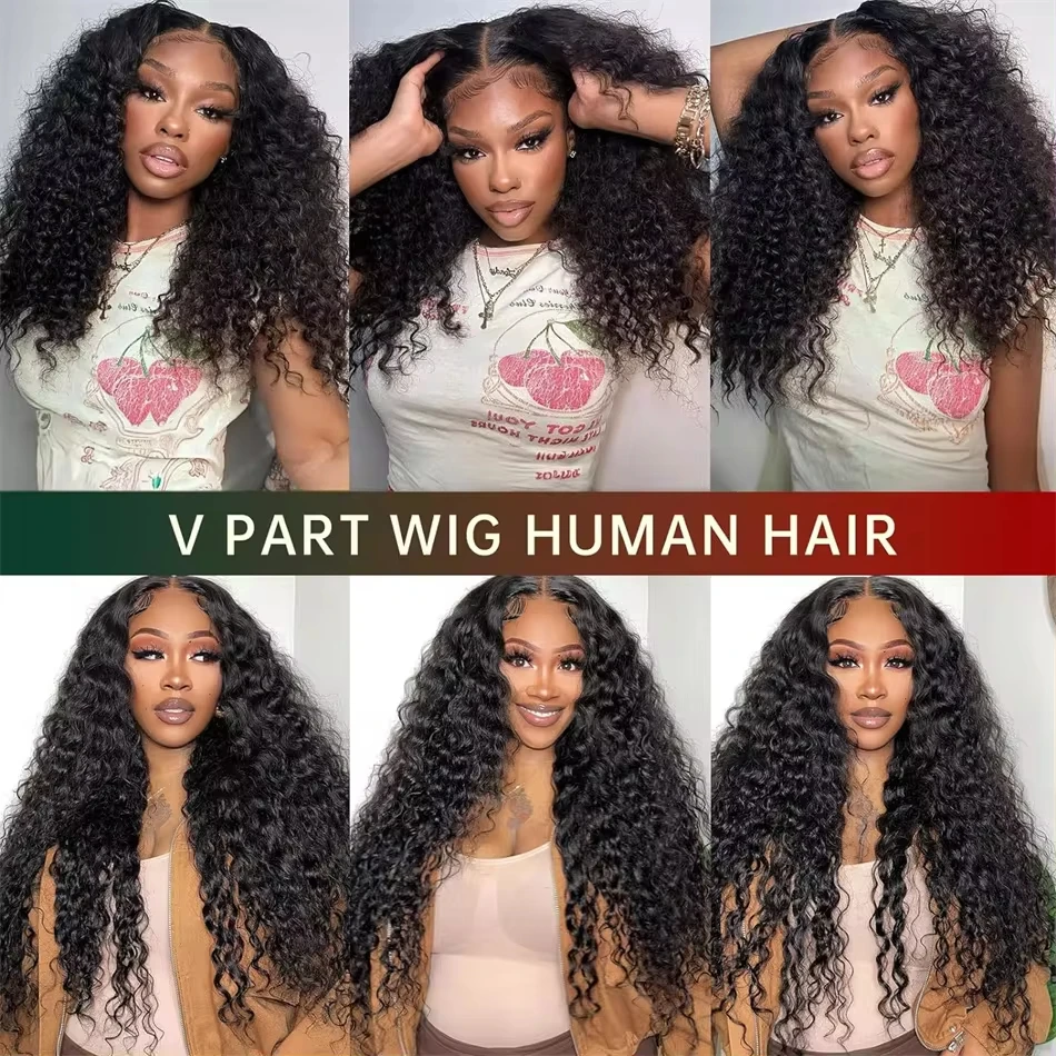 Curly V Part Wig Human Hair 180% V Part Human Hair Wigs for Women Brazilian Remy Water Wave 30 32 Inch I Wig on Sale