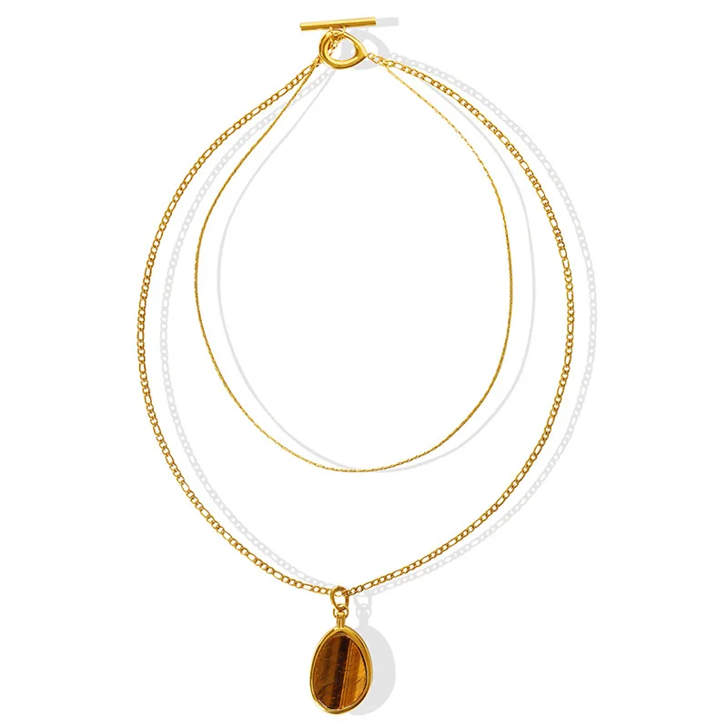 

DAVINI Fashion Natural Tiger Eye Double Layer Necklace Pendant Light Luxury Titanium Steel Gold Plated Sweater Chain Necklace