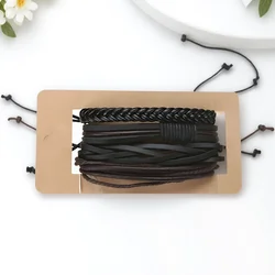 Men's Stylish Leather Bracelet Set - Fashionable Bangles Jewelry Gift (Black)