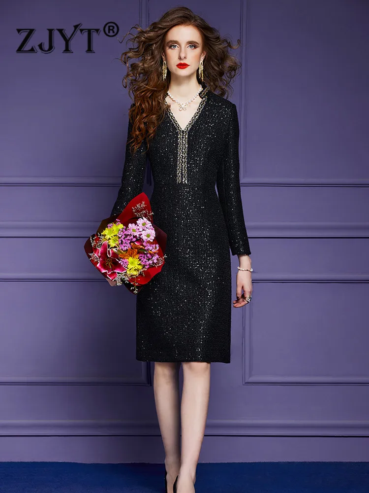 

ZJYT Luxury Sequined Black Tweed Woolen Dress for Women Fall Winter Elegant Designer Long Sleeve Vintage Vestidos 5XL Clothing