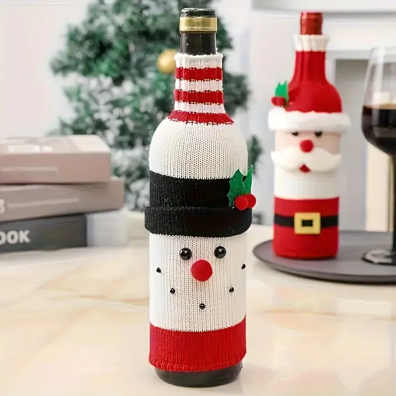 LUSQI 2Pcs Christmas Wine Bottle Cover Santa Claus Snowman Knitted Wine Bottle Sweater Christmas Dinner Party Table Decorations