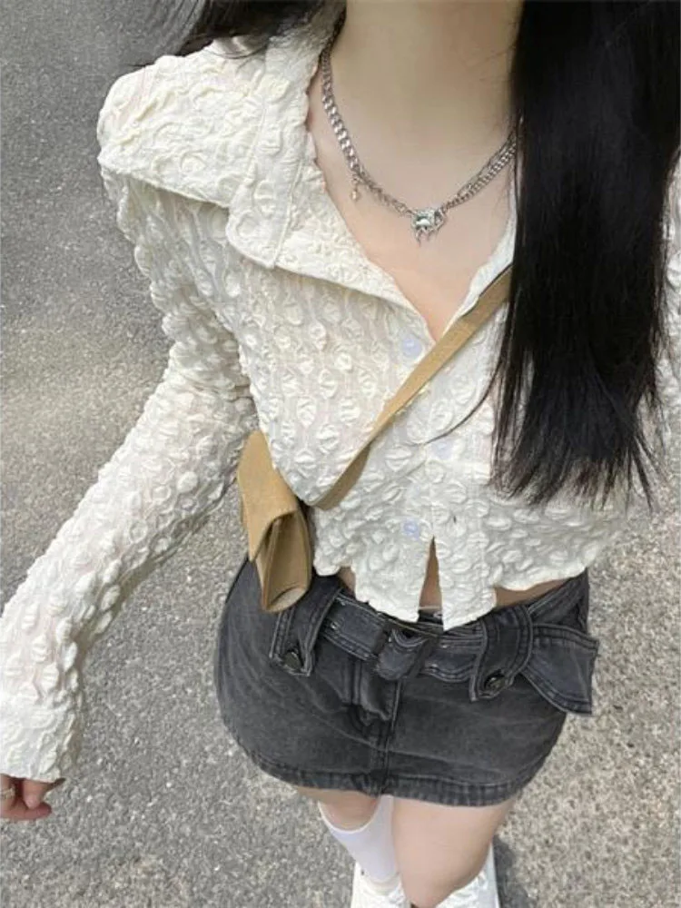 

Sexy Y2k Women Blusas Solid Shirt Vintage Long Sleeve Crop Top Casual Blouse Korean Fashion Summer Thin Turn-down Collar Tops