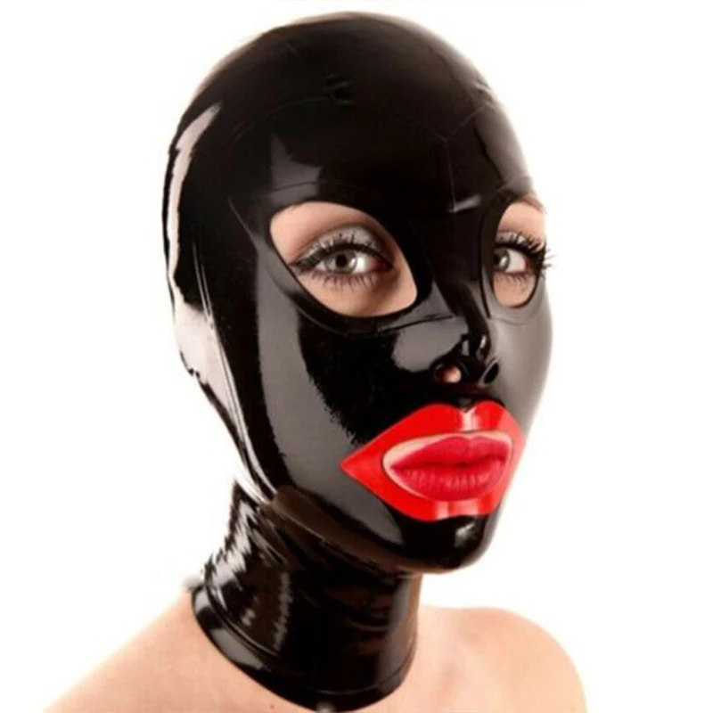 

Natural Latex Mask Fetish Rubber Hoods Open Mouth Eyes Back Zip Handmade Women Halloween Cosplay Costumes