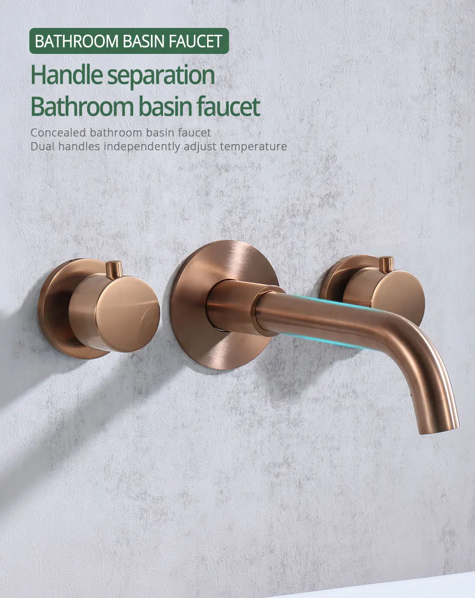 Brushed Rose Gold Basin Faucet Sink Faucet Wall Mounted Basin Mixer Knob Control Switch Hot And Cold Bathroom Tap