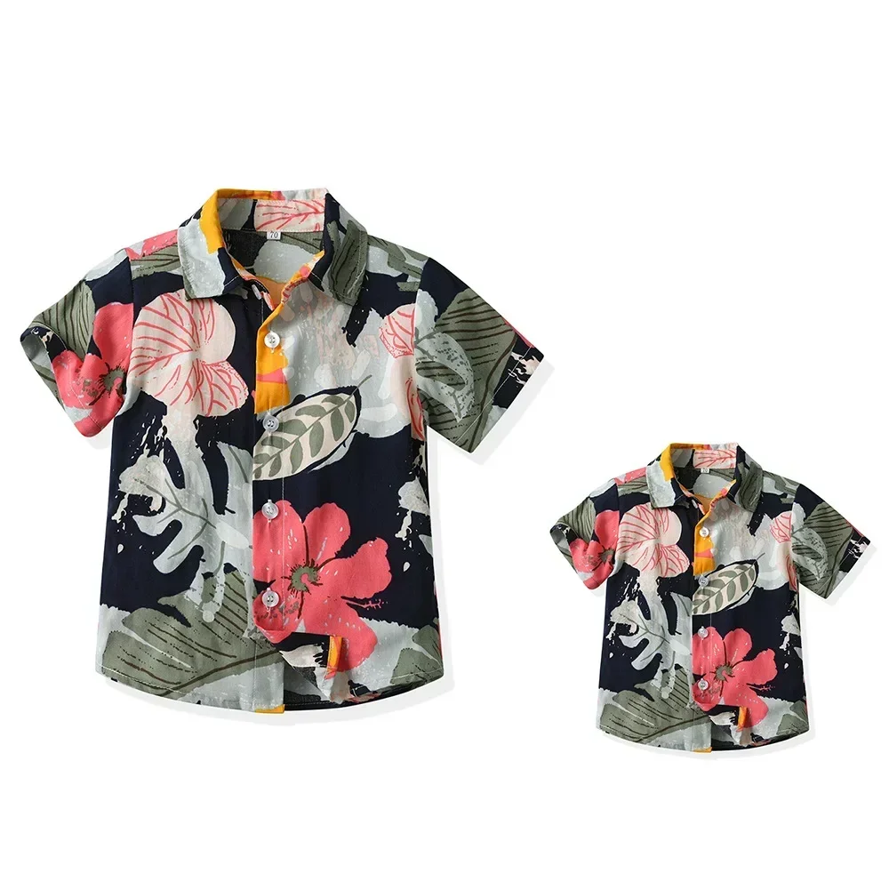 Seaside Holiday Dad-son Matching Summer Shirt Beach Style Short-sleeved Flower Shirt Family Matching Shirts Dad and Son Shirts 2