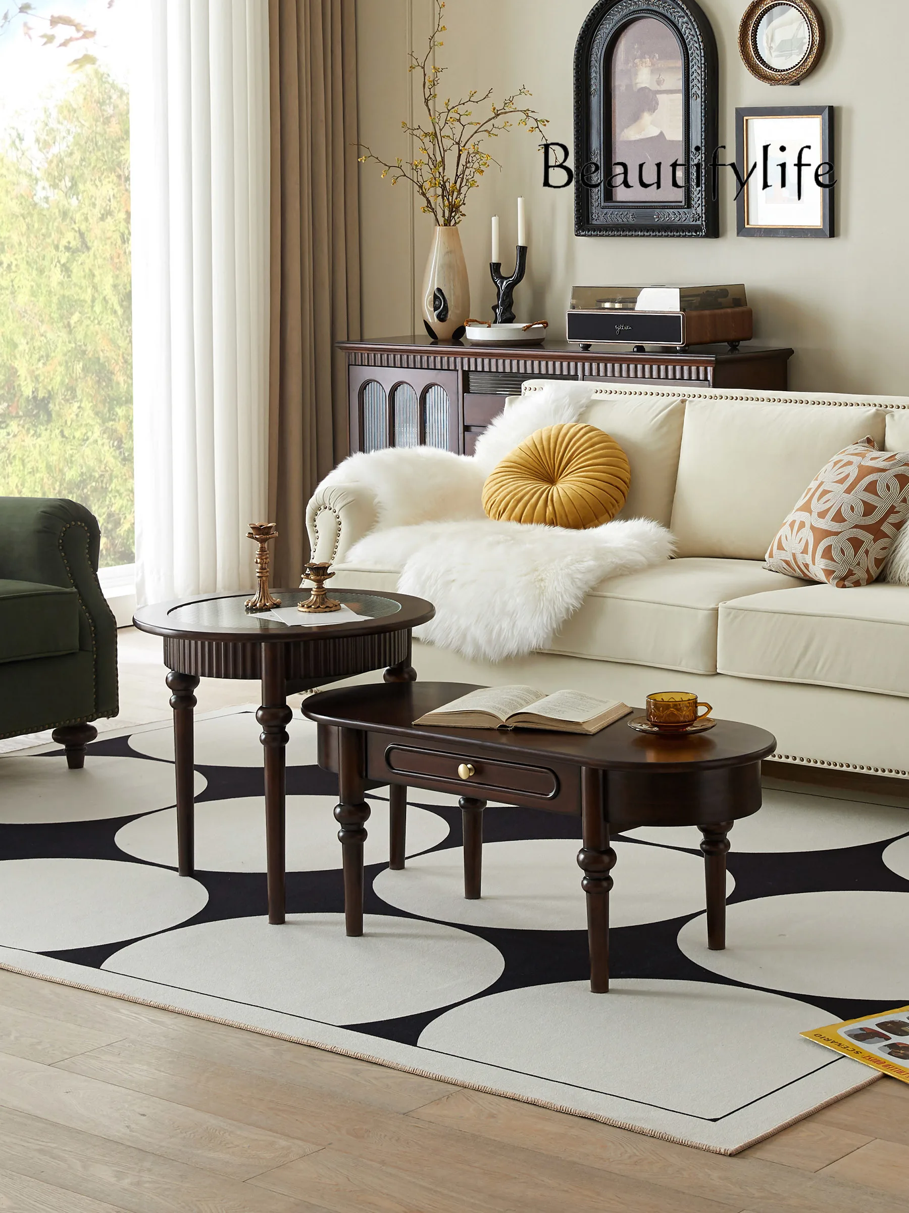 

American Coffee Table TV Cabinet Combination Simple Solid Wood Retro Side Table